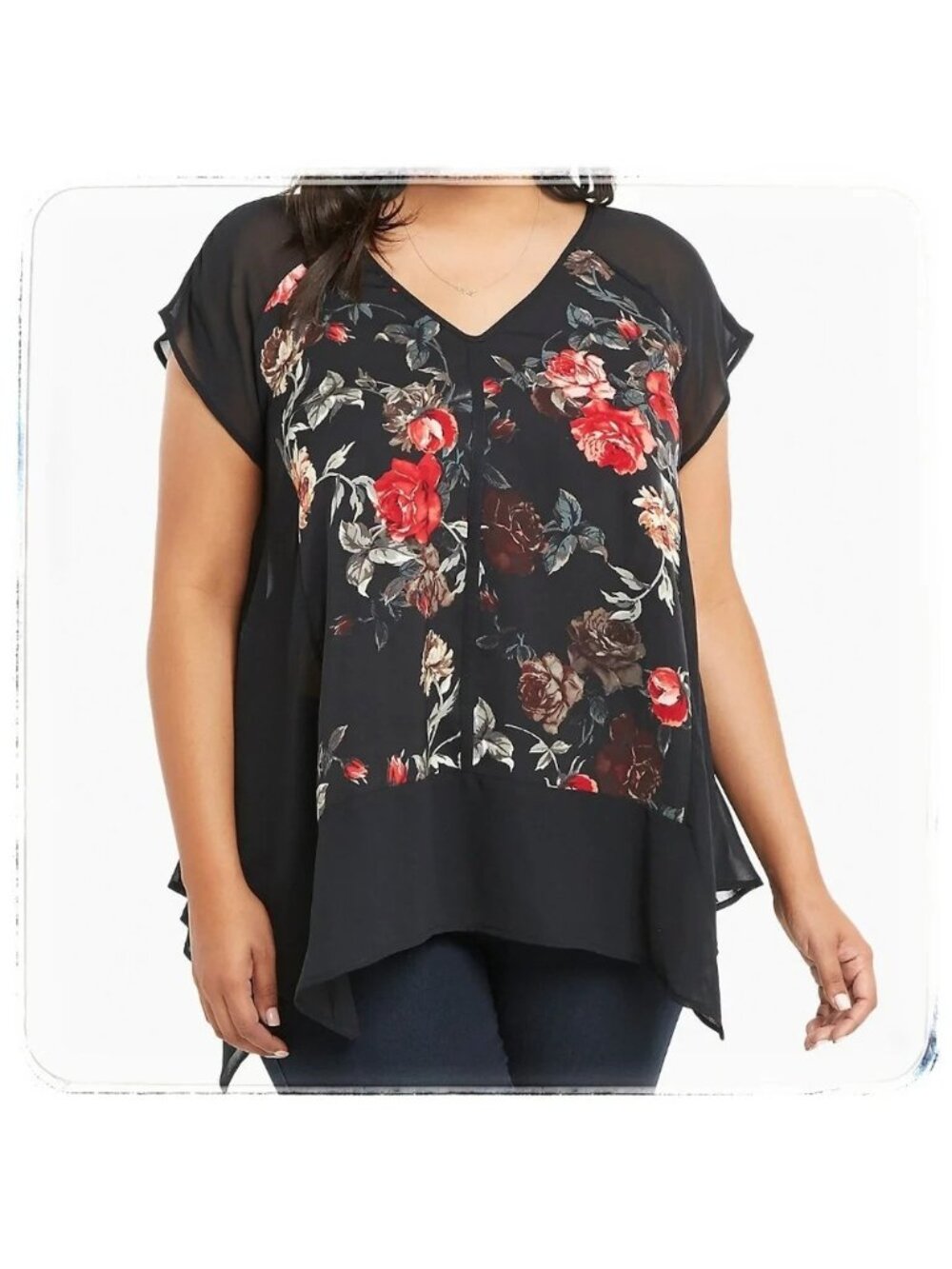 Torrid Roomy Flowy Size LG (0) Black Feminine Floral Chiffon Sharkbite Blouse
